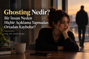 Ghosting yaşayan ve karşı tarafın açıklama yapmadan iletişimi kesmesiyle yalnız kalan kişiyi anlatan psikoloji blog görseli