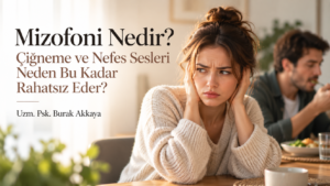 Mizofoni, çiğneme ve nefes seslerine karşı yoğun rahatsızlık yaşayan kişiyi anlatan psikoloji blog görseli